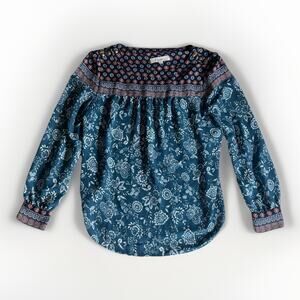 LOFT Boho Floral Mixed Print Peasant Blouse Top Blue Navy Coral Size M